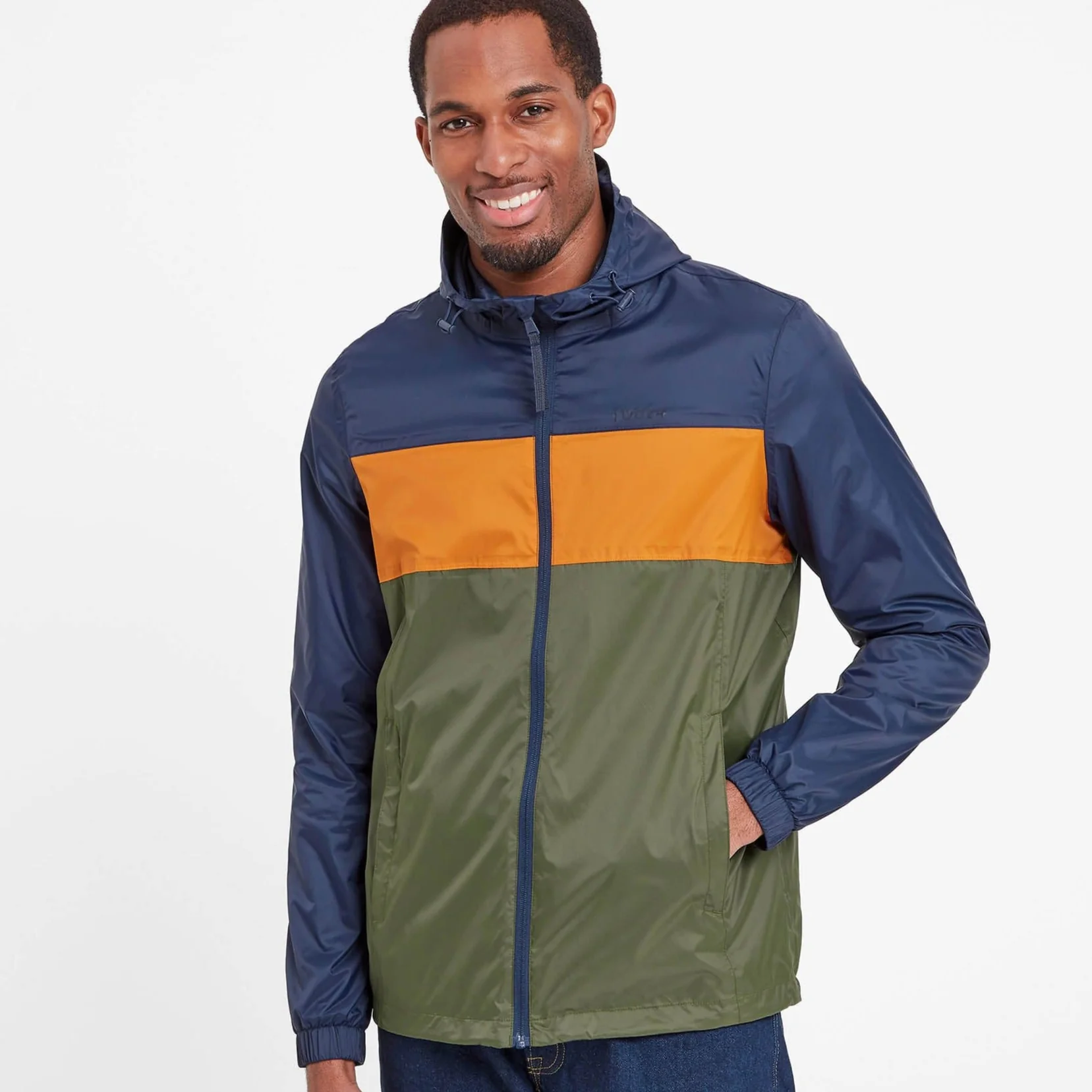 Craven Mens Waterproof Packaway Jacket - Khaki/Navy/Dark Orange Colour Block - Image 3