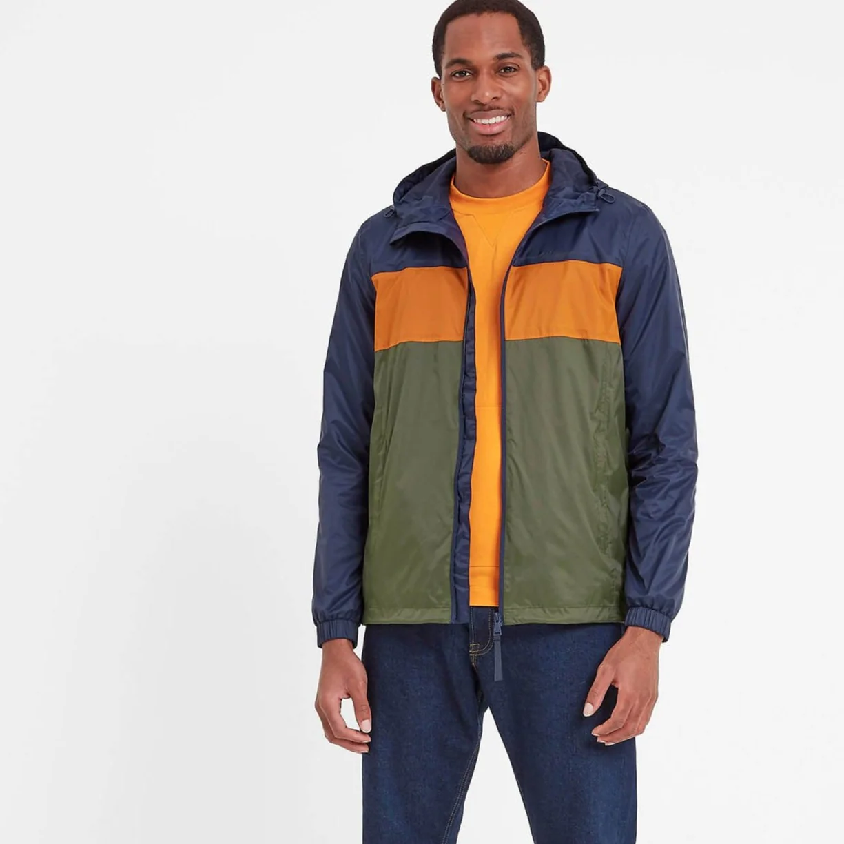 Craven Mens Waterproof Packaway Jacket - Khaki/Navy/Dark Orange Colour Block - Image 4