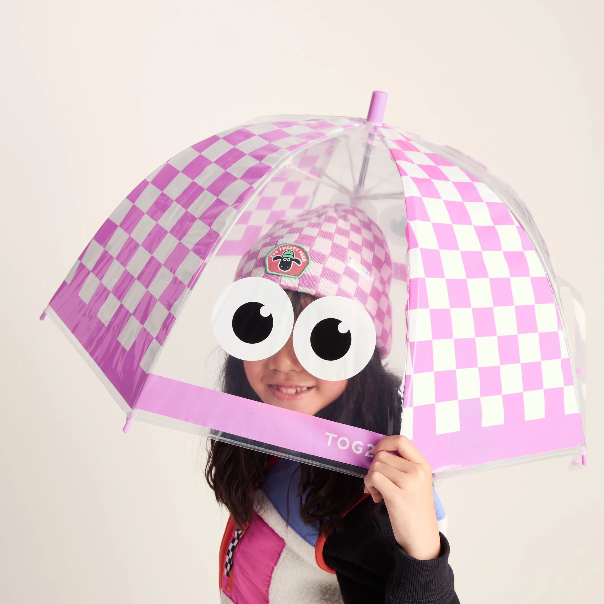 Romney Kids Shaun the Sheep Umbrella - Pink White Checkerboard - Image 3