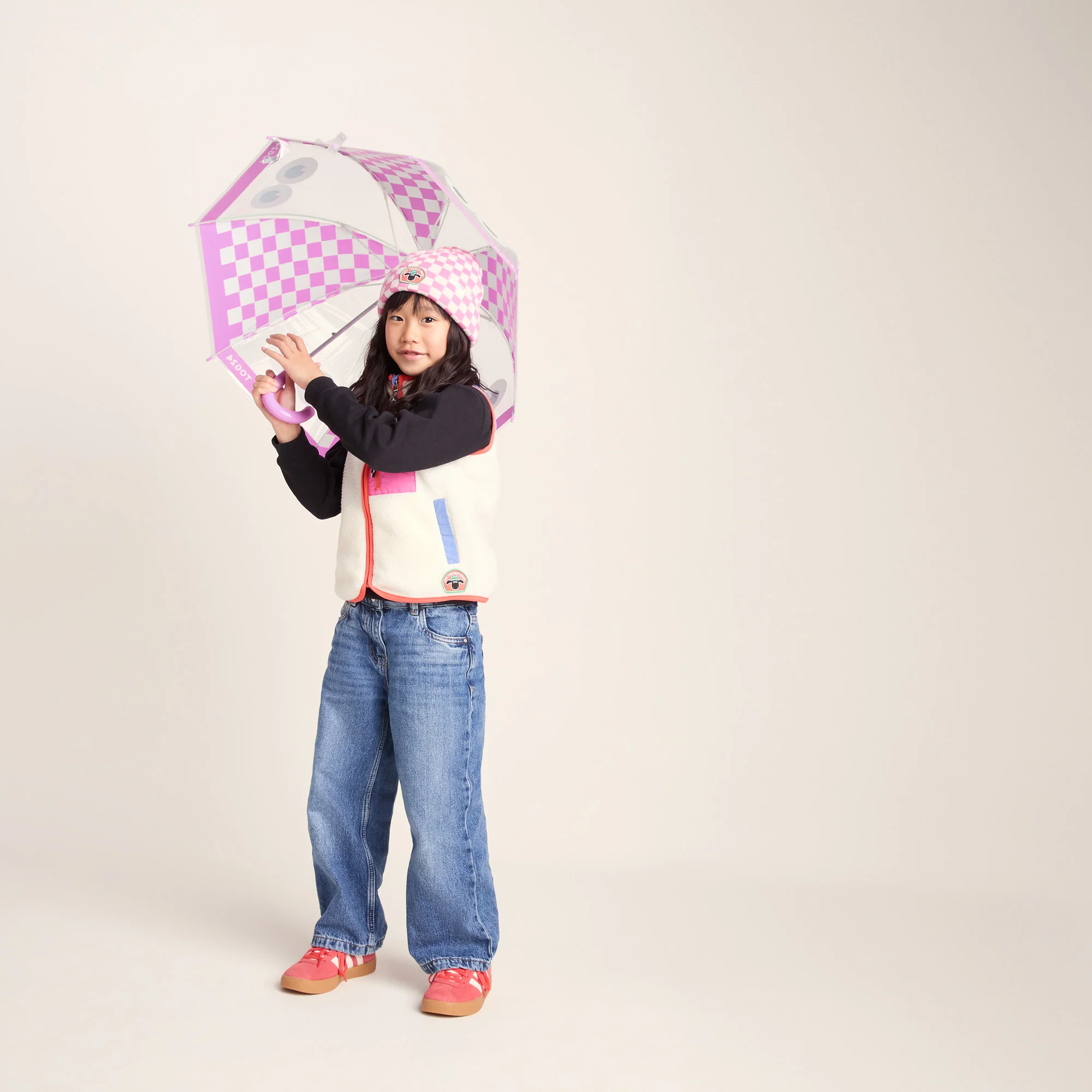 Romney Kids Shaun the Sheep Umbrella - Pink White Checkerboard - Image 4