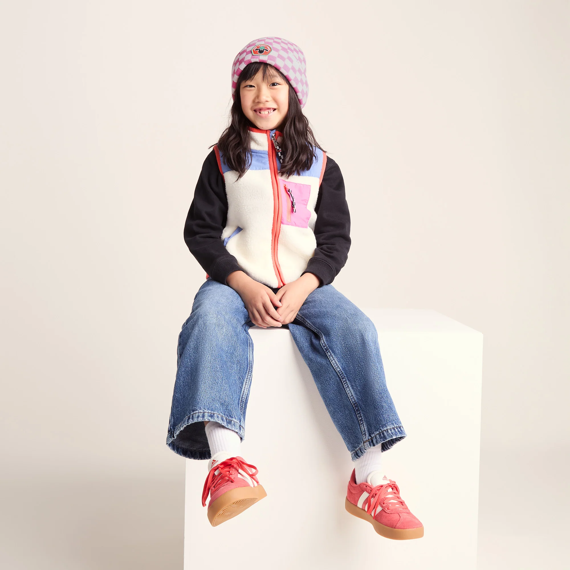 Uda Kids Shaun the Sheep Knit Hat - Pink White Checkerboard - Image 3